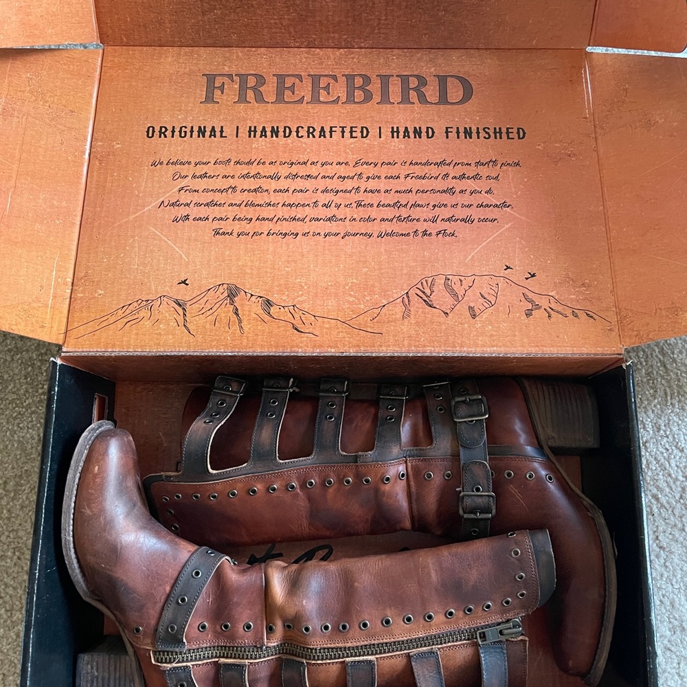 DERBY Freebird by Steven Cognac and Dark Brown Heeled Boots EUC with Box - Picture 3 of 11